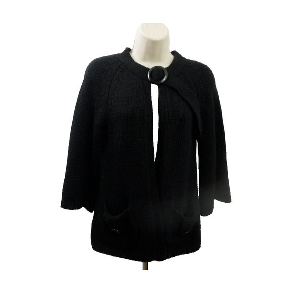 WD NY Cardigan Sweater Sz Small Open Front Black Wool Blend Knit 3/4 Bell Sleeve - Picture 1 of 9